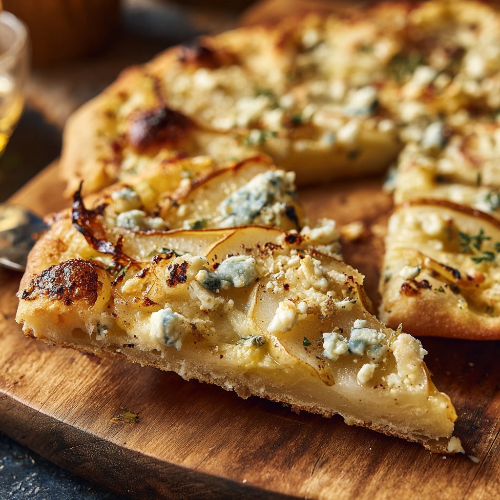 Flammkuchen mit Birne und Blauschimmelkäse